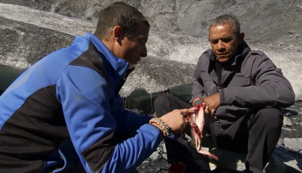奥巴马参加荒野求生节目 吃“熊剩”生啃鲑鱼