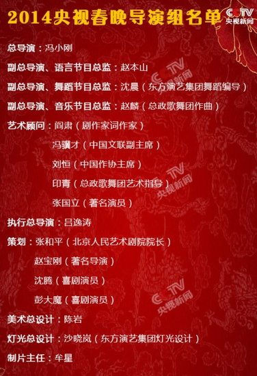 2014年春晚主创团队名单：冯小刚被聘为总导演