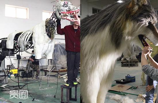 为《海上牧云记》特制的2米巨狼内含金属骨骼,能完成多种动作 为了满足让这些动物模型动起来的更高需求,有的仿真生物体内还加入了机械骨骼,升级成了仿生机械。在隔壁的仓库里,为电视剧《海上牧云记》特制的一匹两米长的机械巨狼正席地而卧,灰白相间的毛发细密分布,肌肉线条流畅舒展。据工作人员介绍,这匹巨狼不但可以完成坐、卧、立、抬头等姿态变化,面部还能呈现怒目、呲牙、眨眼等32种表情。