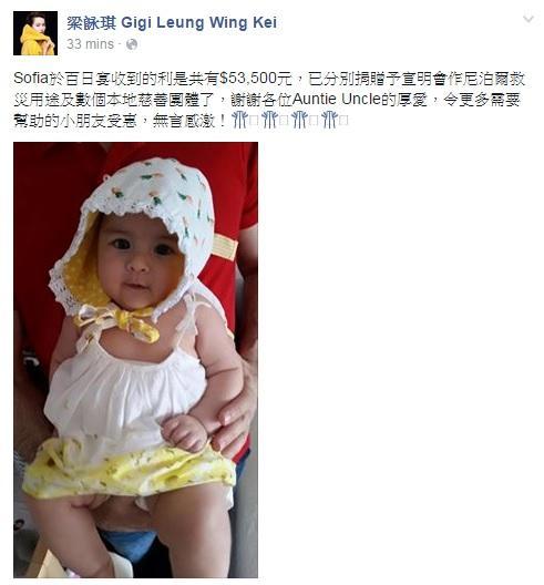  梁咏琪女儿 百日宴收5万红包 悉数全捐做慈善_