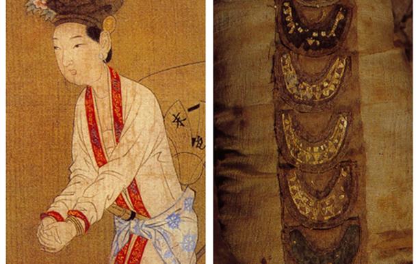 图左为宋代佚名画家绘《杂剧图》中的女演员，上衣的长领恰恰带有金色花纹；右为营盘墓地15号墓出土贵族遗体上袜部的贴金。