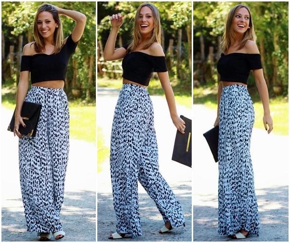 欧美街拍 紧身上衣阔腿裤