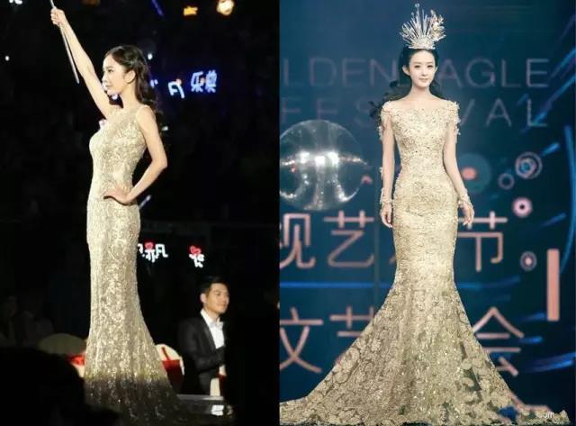 原因是赵丽颖的女神装和杨幂此前出席金鹰奖的金色礼服撞了衫#9660
