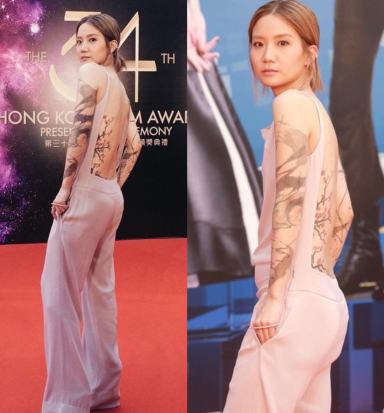 节红毯经验亮相的卢凯彤也是一位花臂美人,裸背阔腿裤露出梅花纹身