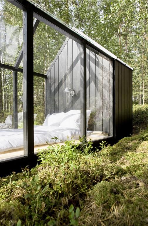 森林里的童话玻璃小屋 芬兰湖边的幻想
