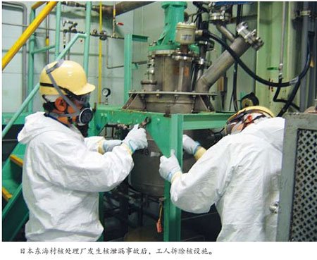 图为日本东海村核处理厂发生核泄漏事故后,工人拆除核设施.