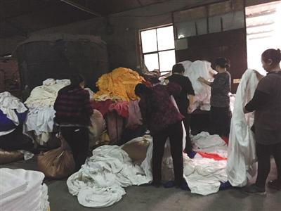 3月17日上午，南沟村的洗涤厂，工人在地上分拣布草。
