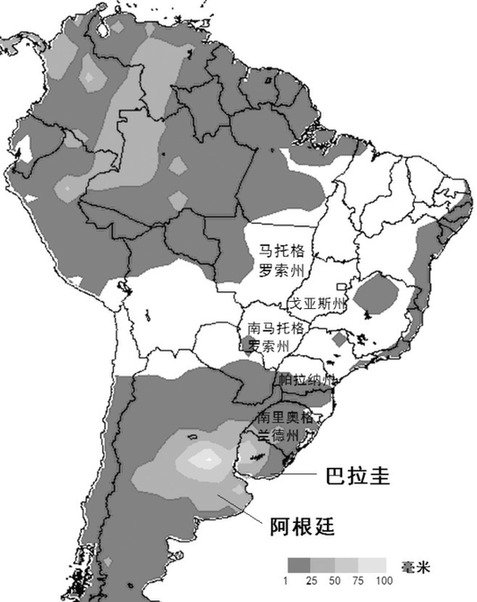 雨水重返阿根廷潘帕斯草原,而巴西大部依然以晴为主,仅巴西南部和马托