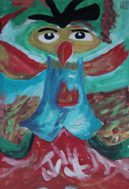 图为自闭症儿童绘画作品展上的作品.毕昌煜 画只鸟天上飞