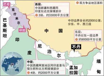 中印领土争议地区示意图