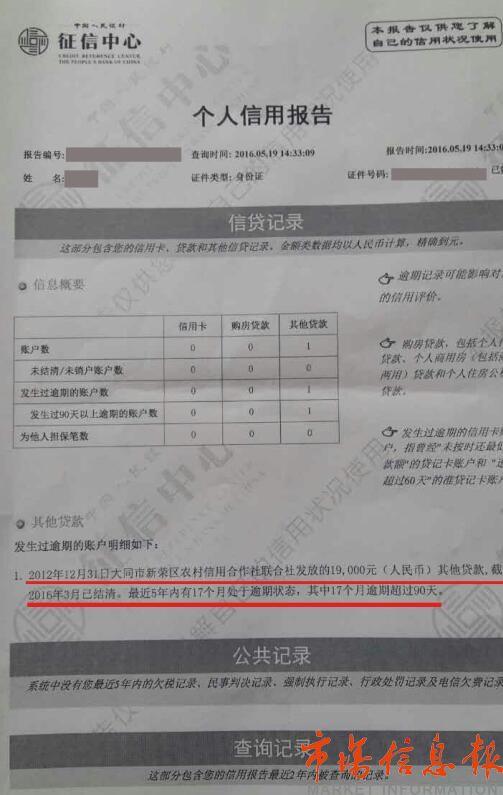田海军于2016年5月19日打印出来的个人信用报告显示,其名下贷款于2016