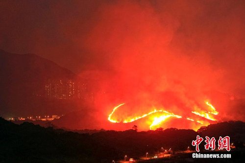 香港一山林发生大面积火灾 烟灰向深圳弥漫