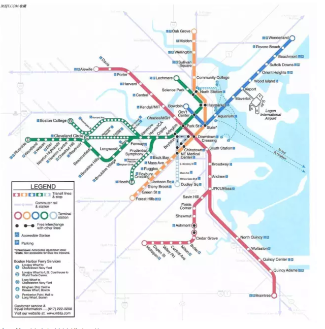 这是美国波士顿地铁线路网络图