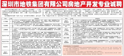 深圳市地铁集团有限公司房地产开发专业诚聘