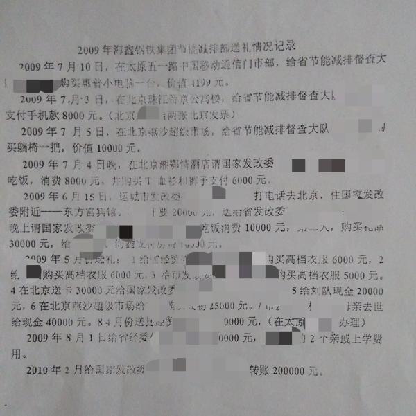山西海鑫集团疑行贿百余官员 名单流出(图)