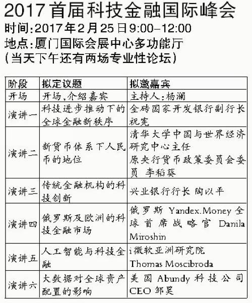 全球大咖登鹭 2017科技金融国际峰会25日震撼