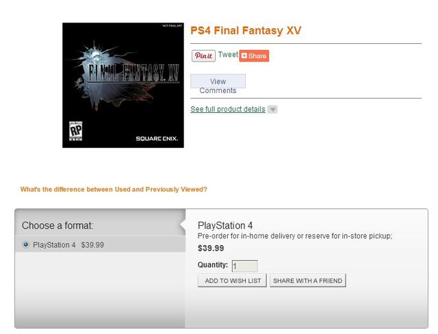 《最终幻想15》PS4版预订开始 售价40美元