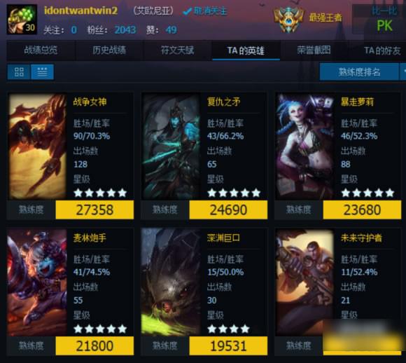 LOL大神与我们的差距 职业选手英雄熟练度