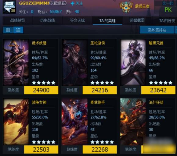 LOL大神与我们的差距 职业选手英雄熟练度