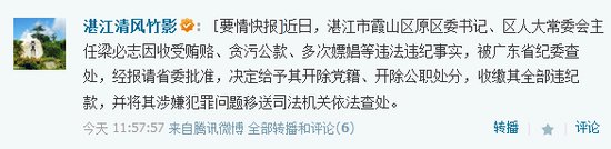 广东湛江霞山区区委书记梁必志被开除党籍 73151659