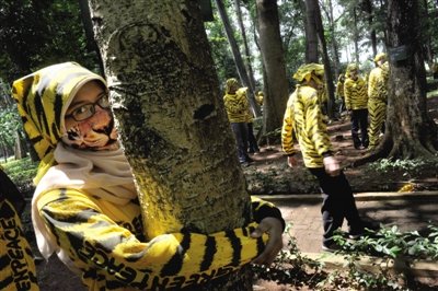 綠色和平成員裝老虎抱樹 呼吁動物保護(圖)