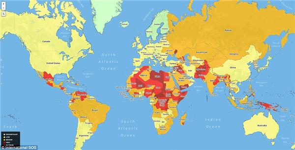 特制地图揭示全球最危险旅游胜地
