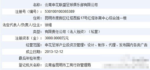 曝申花已在昆明注册俱乐部 主业代理各类广告