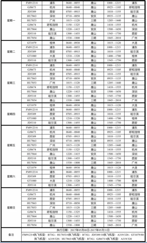 唐山机场航班时刻表