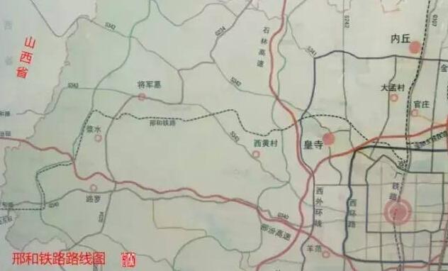 以下是邢台七里河体育公园展示的邢台市规划图上的"邢和铁路路线图".