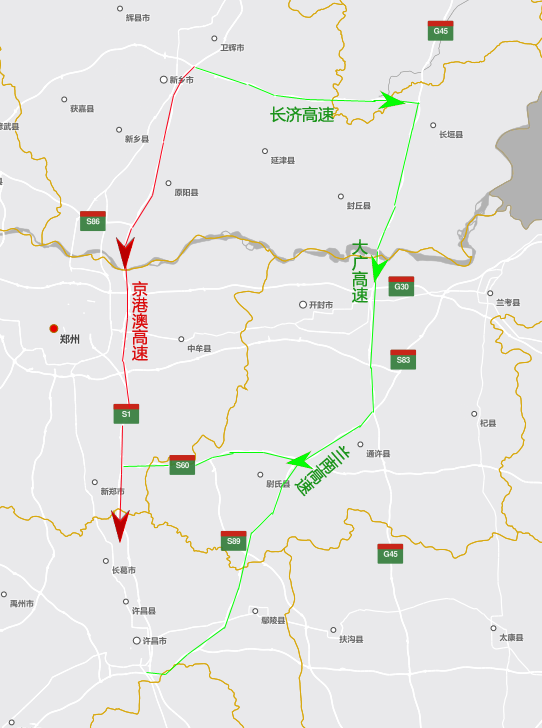 郑州——新郑 避流建议线路:京港澳高速新乡境内转长济高速
