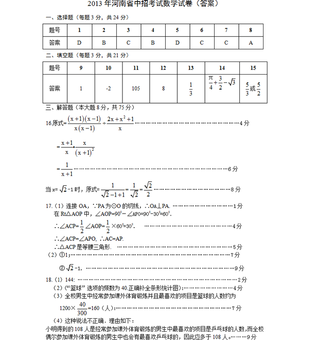 2014年河南省中招考试数学试卷