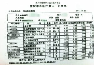 一名住院病人的清单表明,一天需要个人承担的费用即达62.35元.