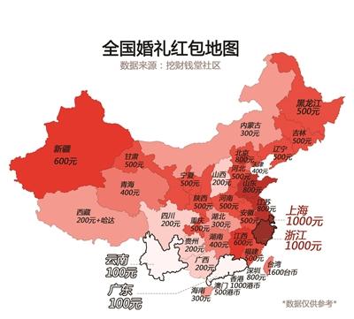 各省市"婚礼红包地图"出炉:河南平均500元