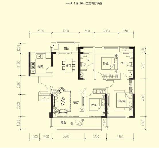 (福城美高梅广场112㎡三房两厅两卫户型图)