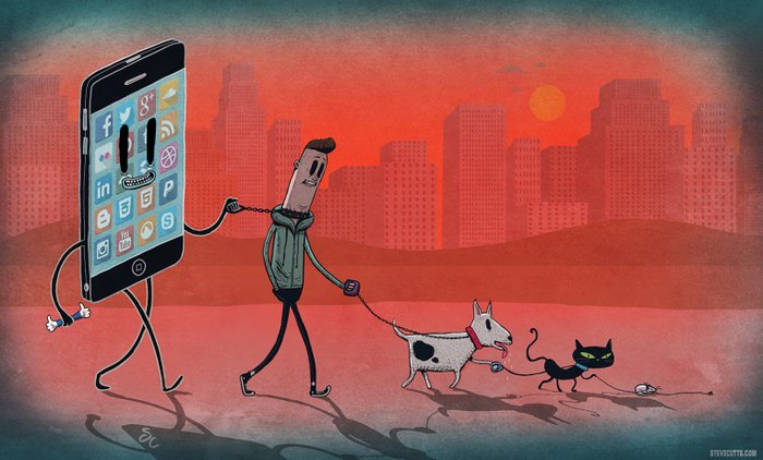 这幅题为"拥有(owned)"作品.人在遛狗,而其实人已经被手机所"控制".
