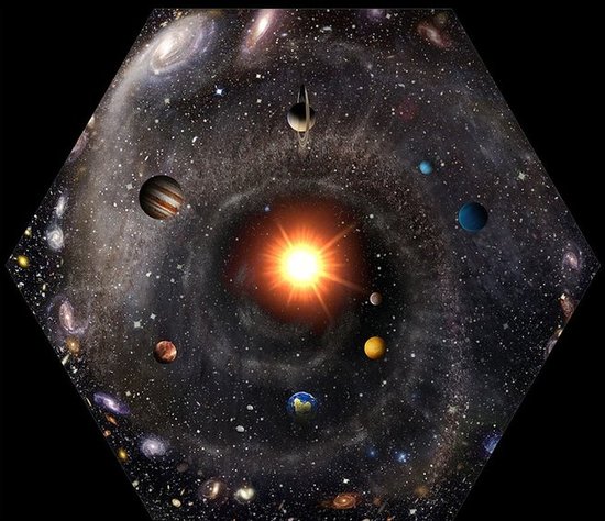 这张图片中展示了宇宙万物,从太阳到仙女座星系,再到宇宙大爆炸后遗留