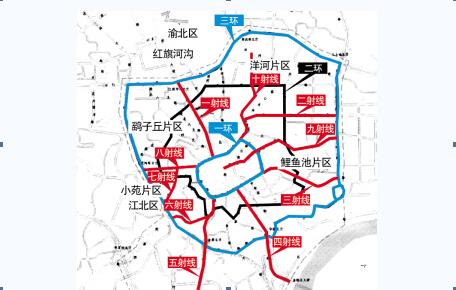 环道;二环则是现在围绕观音桥商圈步行街的环道;三环是即将修建的贯通