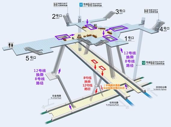 12号线曲阜路站:单向换乘8号线很像走迷宫