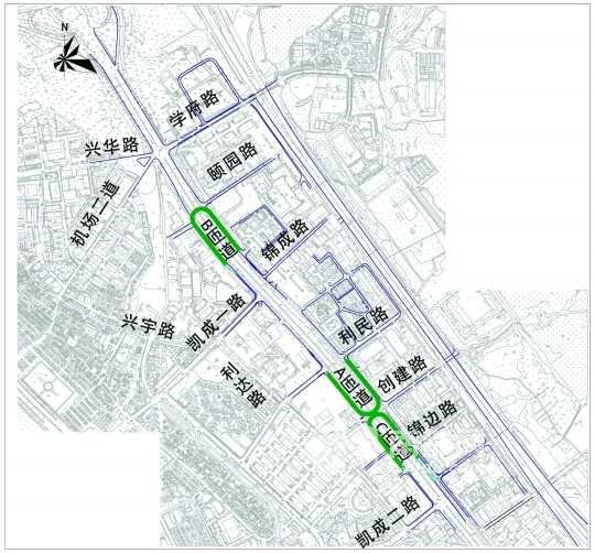 设置a,b两条"x形"掉头匝道,两条匝道均位于凯成一路和凯成二路之间