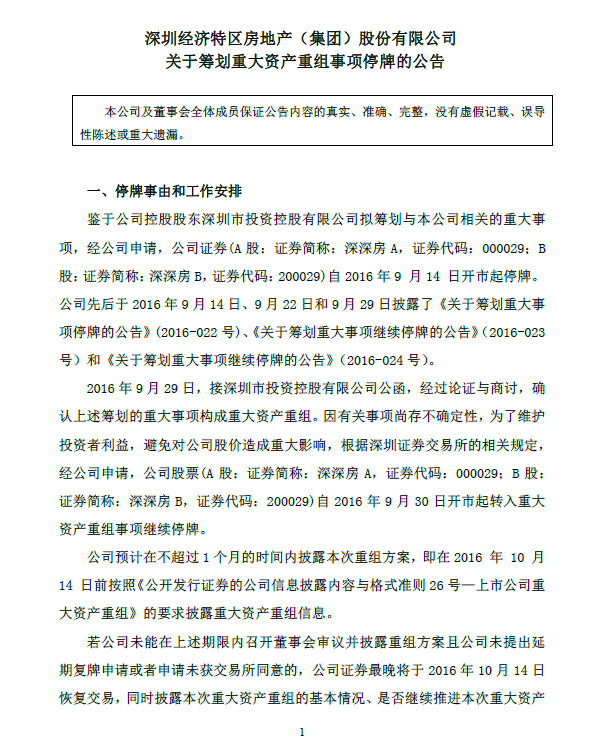 深深房A确认重大资产重组继续停牌 第三方疑似恒大
