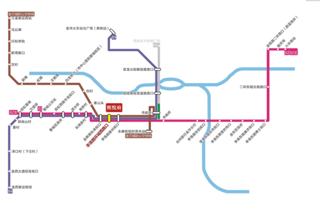 brt2经万达广场到火车南站,brt4经市政府到金华高铁站,金兰城际公交