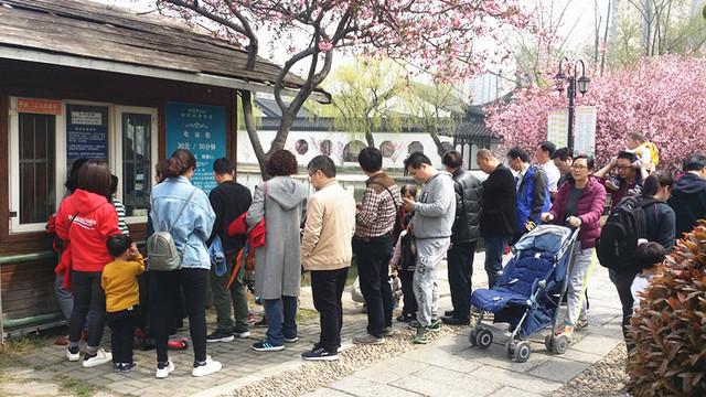 众多南京市民和外地游客排长队等候泛舟莫愁湖