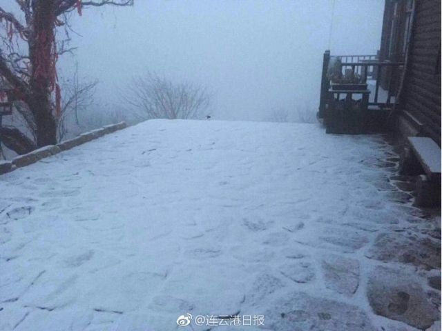 连云港今天清晨下雪 二桅尖已银装素裹