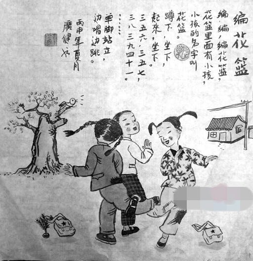 曾广健在宣纸上绘制国画味的"柳州味道"漫画《编花篮》.