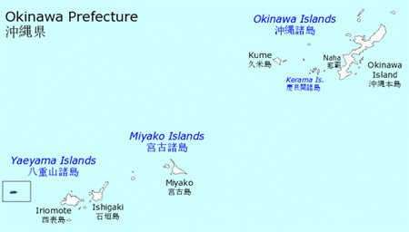 日本冲绳地图,其中左下角划框处即为日本最西的国土—与那国岛.