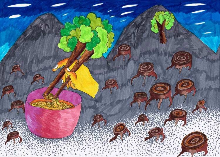 (余丽莎 女 8岁 沈阳) 小作者画的是:人们用筷子吃饭要砍掉许多树木