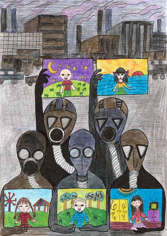 《污染的城市》(莽宇霏 女 8岁 北京) 小作者画的是:城市被汽车尾气等