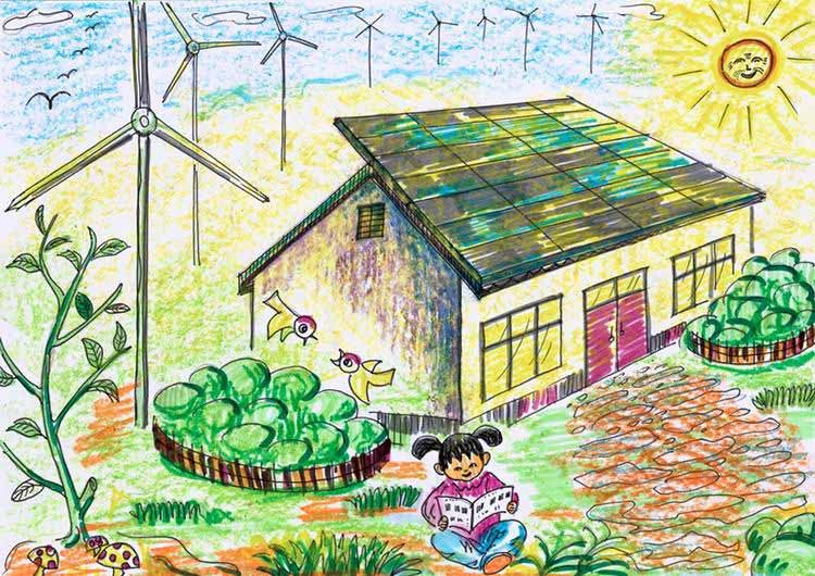 《风力发电显神威》(黄迪 男 13岁 鹤岗) 小作者画的是:"家家户户房顶