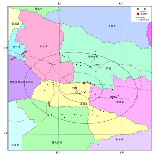 新疆自治区尼勒克县与巩留县交界6.0级地震烈度分布图