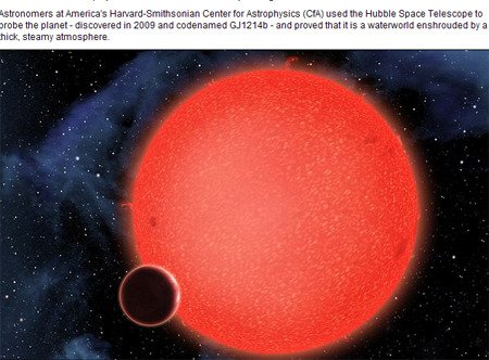 画家描绘出的gj1214b行星和其围绕的红矮星(网页截图)